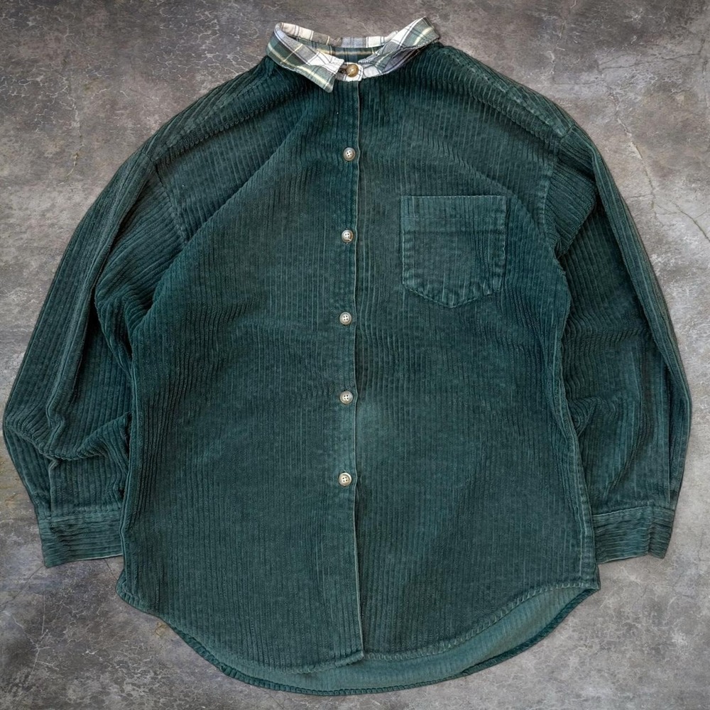 Vintage Oxford Sport Green Corduroy Button Up Shirt Women's Size XL Preppy 90s